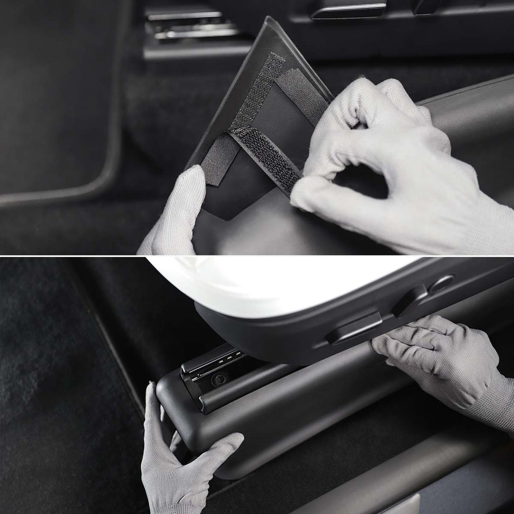 Seat Track Cover for Model Y Juniper installation process showing velcro attachment system and easy placement under Tesla seat with white gloved hands